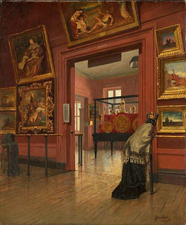 Eine Frau sitzt auf einem Stuhl in einem Raum voller Gemälde, darunter "Die Galerie des Museums der Schönen Künste" von Joseph Mallord William Turner, ein Tisch mit verschiedenen Gegenständen, eine Tür, ein Fenster und eine Decke mit Lampen.