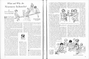 Offenes Buch mit Illustrationen und Text, das eine Zeichnung von Kindern in einem Kindergarten und einen Tisch mit verschiedenen Gegenständen zeigt.