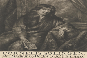 Schwarzes und weißes Porträt von Cornelis Solingen, einem Arzt, der auf einem Stuhl sitzt, mit einem Vorhang und einem Fenster im Hintergrund, begleitet von Text am unteren Rand.