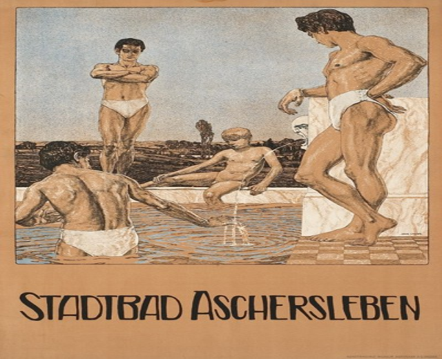Plakat für das Schwimmbad in Aschersleben, Deutschland, das Menschen im Wasser zeigt, darunter einen sitzenden, und Text, der Details über die Einrichtung bereitstellt.