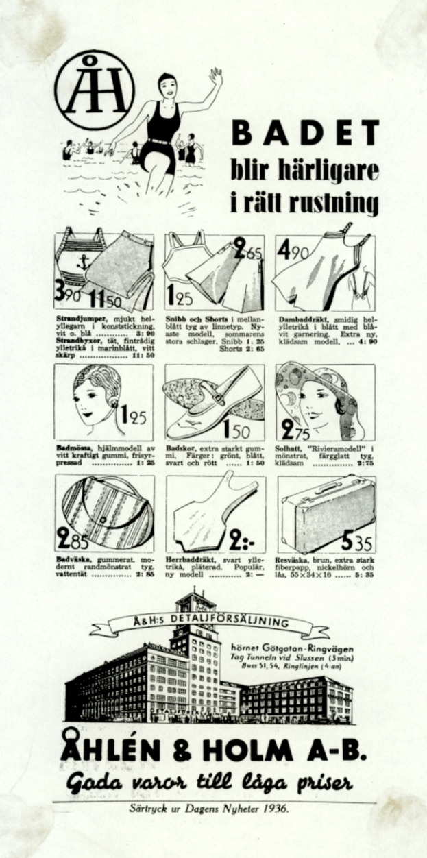 Eine Frau mit einem Pferdeschwanz, die einen weißen Bikini mit blauen und weißen Streifen trägt, schaut direkt in die Kamera, umgeben von Bildern von Menschen, modernen Gebäuden und fettem Text.