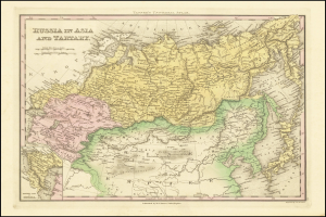 Ein gerahmtes Plakat, das eine Karte von Russland in Asien und Taiwan zeigt, mit Text oben und unten, im klassischen Design.