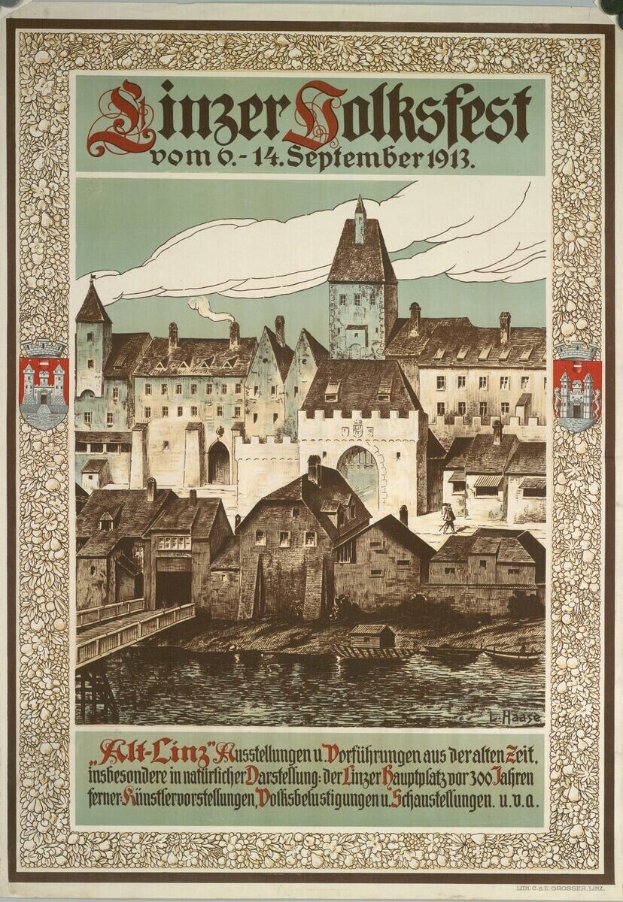 Alter Plakatwerbung für ein Festival in Deutschland, zeigt eine Burg umgeben von Häusern mit Text, der Festivaldetails bereitstellt.