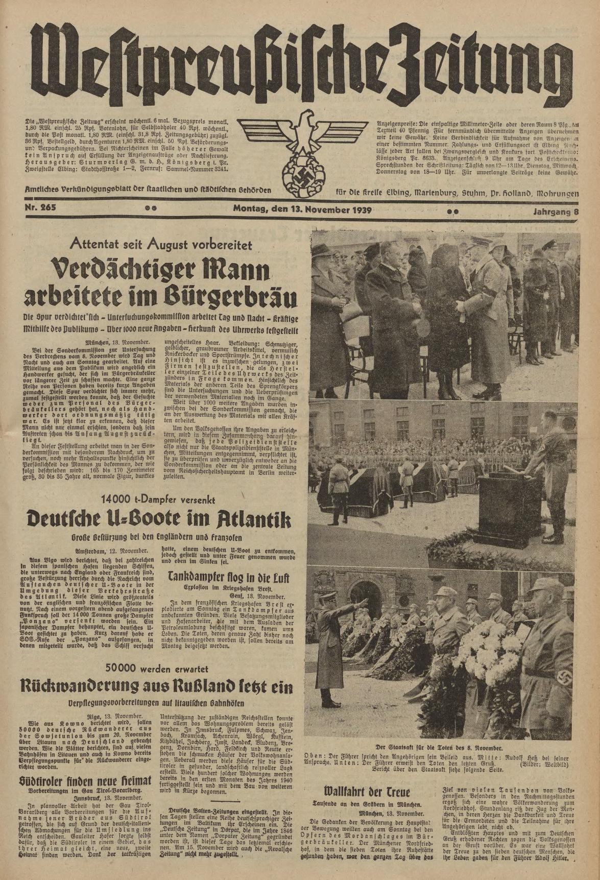 Schwarze und weiße Titelseite einer deutschen Zeitung vom 13. November 1939, betitelt 'Weitpreubliche Zeitung', mit einem Bild einer Gruppe von Menschen in traditioneller deutscher Kleidung in einer feierlichen Umgebung.