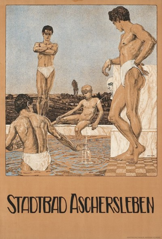 Plakat für ein Schwimmbad in Aschersleben, Deutschland, das Menschen im Wasser zeigt und Text, der Details zum Schwimmbad enthält.