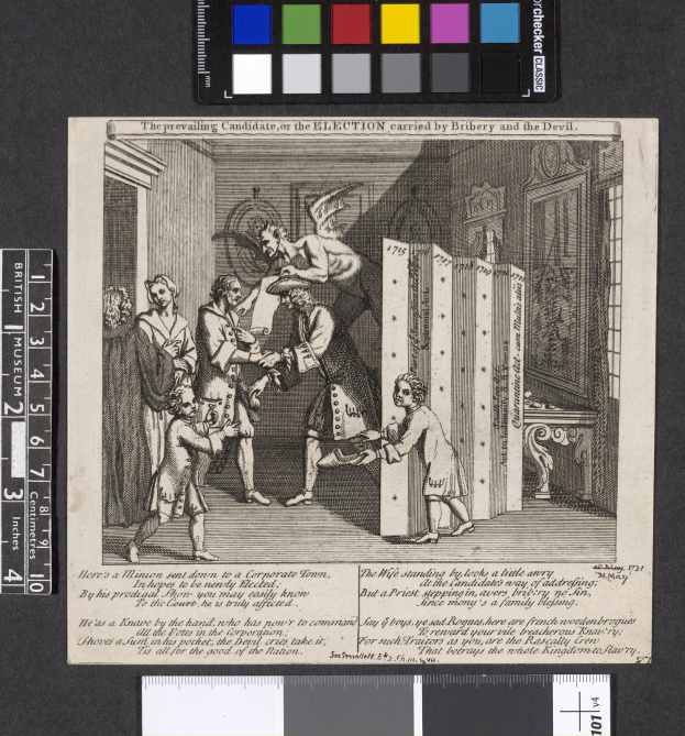 Ein Schwarz-Weiß-Stich von einer Gruppe von Menschen in einem Raum, die sich um ein zentrales Papier mit Text und Farboptionen oben versammeln, symbolisiert eine korrupte Wahl.