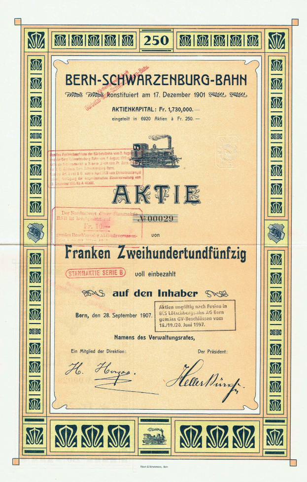 Ein altes Aktienzertifikat der deutschen Regierung Bern-Schwarzenburg-Bahn, mit Text und einer Abbildung eines Zugs.