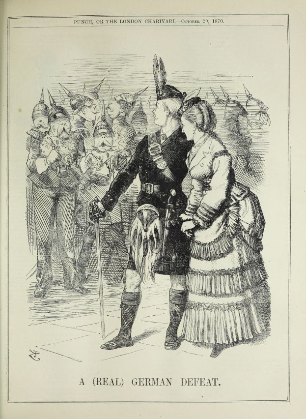 Ein Mann und eine Frau stehen vor einer Menge, der Mann hält einen Stock in der Hand, auf einem Papier mit Wörtern und Zahlen, die einen deutschen Sieg angeben.
