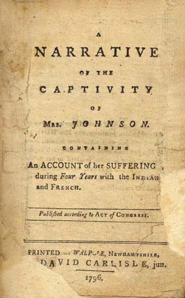 Ein altes Buch mit dem Titel "A Narrative of the Captivity of Mrs. Johnson" mit dem Namen des Autors John Johnson.