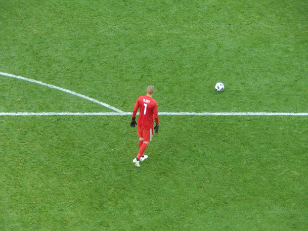 Ein Fußballspieler in rotem Trikot, schwarzen Handschuhen und weißen Schuhen steht auf einem grünen Feld mit einer weißen Linie.