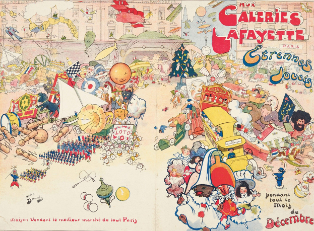 Ein aufgeschlagenes Buch mit einer Karikatur einer Stadtlandschaft, gefüllt mit Text und zusätzlichen Zeichnungen.