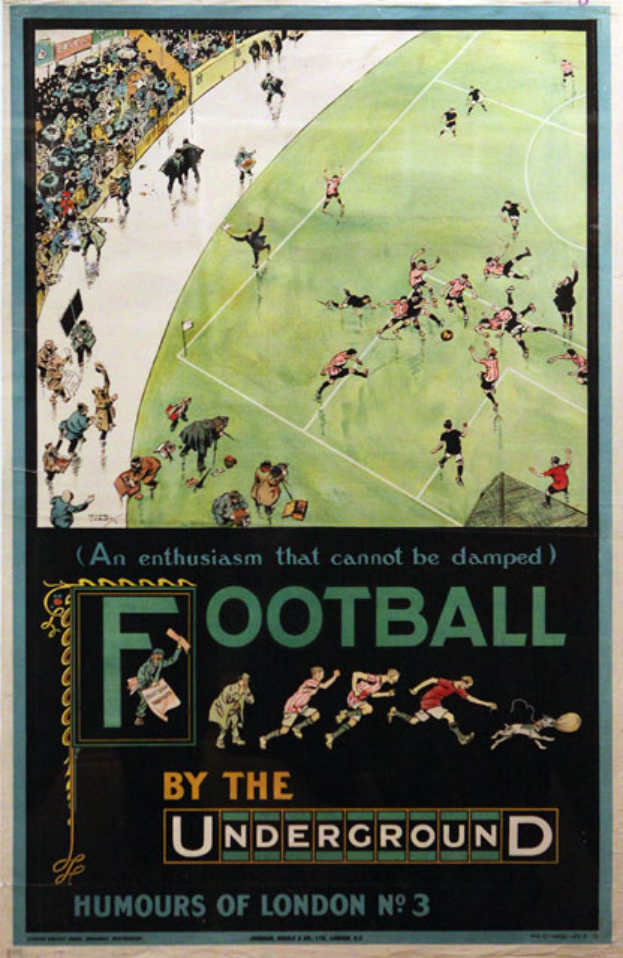 Ein Vintage-Plakat, das ein Fußballspiel mit dem Titel "Fußball unter der Erde - Londoner Humor Nr. 3" ankündigt, zeigt eine Zuschauermenge im Stadion.