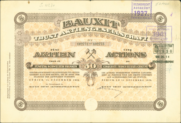 Alte deutsche Banknote mit Porträt eines Mannes, "Bauxit Trust Aktiengesellschaft"-Text und einem Stempel auf der rechten Seite.