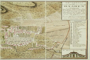 Ein detailliertes altes Stadtplan von Baden-Württemberg, Deutschland, der Straßen, Gebäude und Sehenswürdigkeiten zeigt, mit einem Gebäude in der rechten unteren Ecke und Text, der Stadtinformationen bereitstellt.