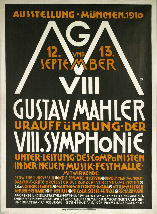Ein Plakat f├╝r Gustav Mahlers sinfonisches Konzert in M├╝nchen, Deutschland, mit darauf geschriebenem Text.