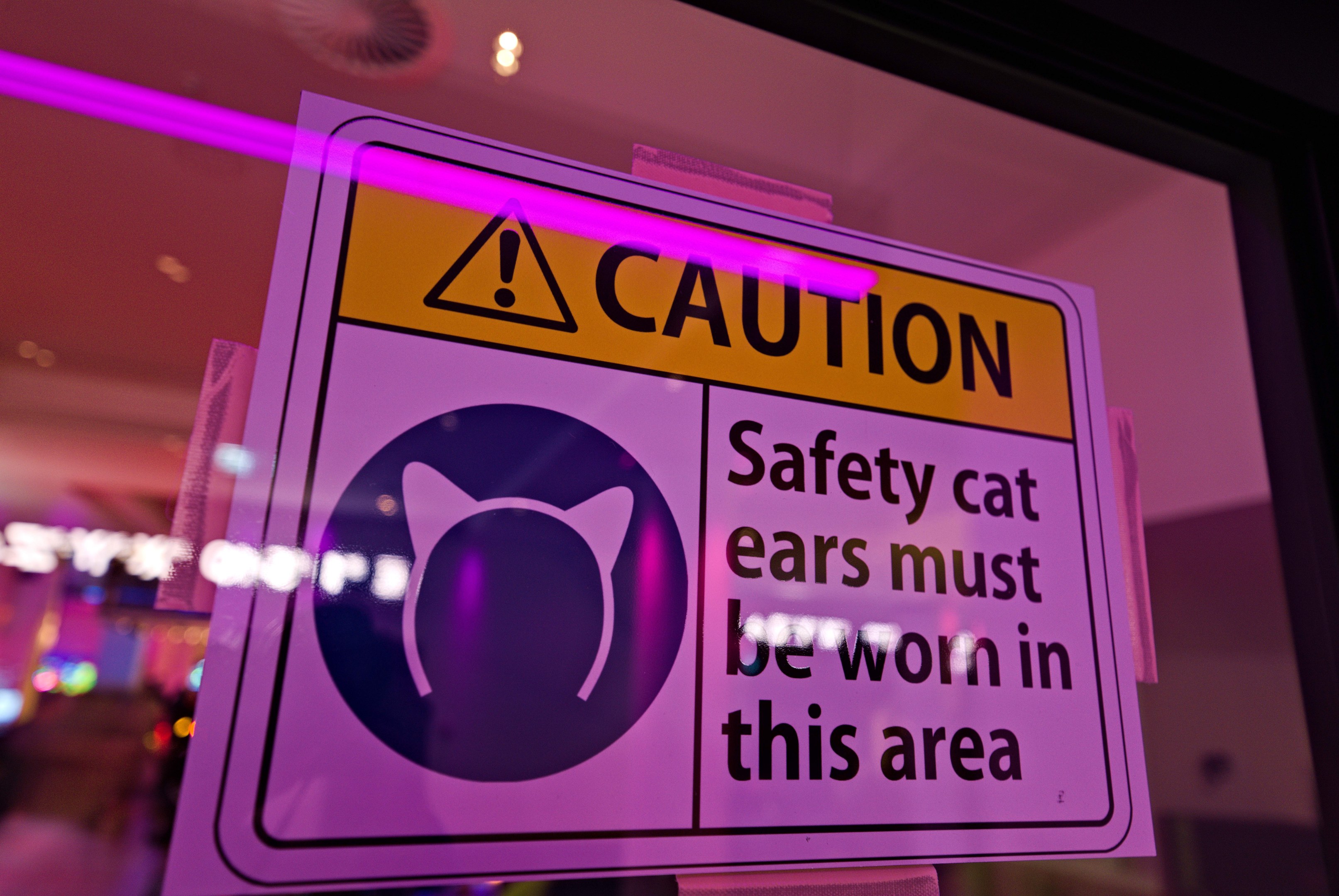 Ein Warnschild in einem Ladenschaufenster trägt die Aufschrift "Vorsicht: Sicherheitskatzenohren müssen in diesem Bereich getragen werden." vor einem unscharfen Hintergrund.