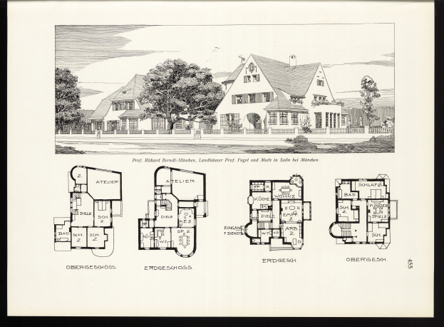 Schwarze und weiße Architekturzeichnung eines Hauses mit zahlreichen Fenstern, umgeben von Bäumen, mit Text unten lesend "Deutsche Hauspläne aus dem frühen 20. Jahrhundert."