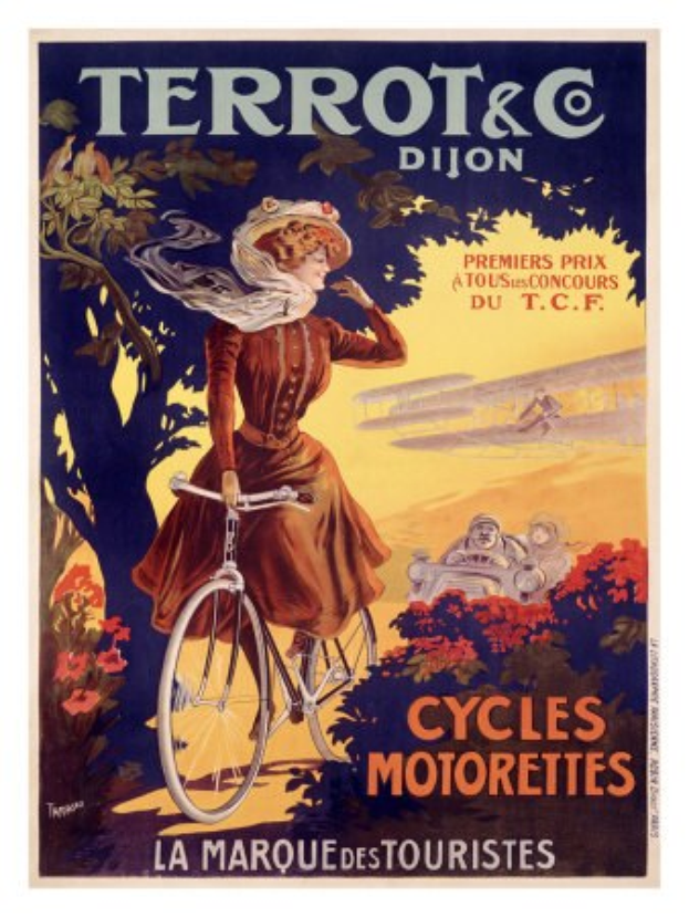 Ein Plakat, das eine Fahrradtour in Frankreich ankündigt und eine Frau zeigt, die auf einem Fahrrad durch eine Landschaft mit Bäumen, Blumen und anderen Menschen fährt, mit Text, der die Tour beschreibt.