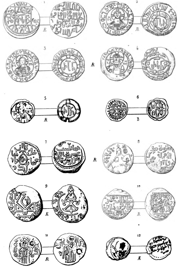 Eine Buchseite zeigt eine Vielzahl von mittelalterlichen Münzen mit detaillierten Designs, Symbolen und Inschriften.