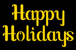 Weißer Hintergrund mit "Frohe Feiertage" in gelber Schrift.