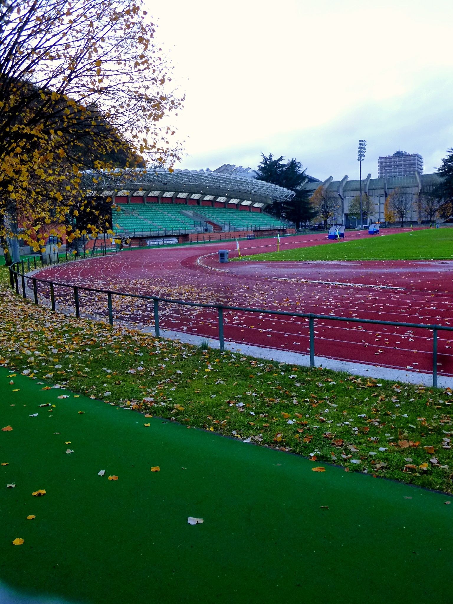 Eine Laufbahn in einem Park mit abgefallenen Blättern, umgeben von einem Zaun, Gras, Bäumen, Tribünen, Laternenmasten, Gebäuden und einem bewölkten Himmel.