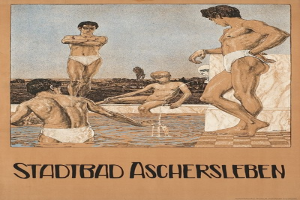 Gruppe von Menschen, die im Schwimmbad steht und einer sitzt mit Text, der das Schwimmbad in Aschersleben, Deutschland, bewirbt.