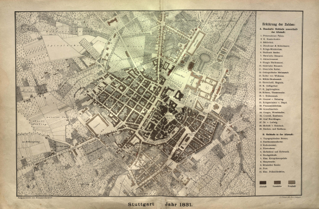 Ein detailliertes Stadtplan von Stuttgart, Deutschland, von 1881 mit Text, der einen Überblick über das Gebiet gibt.